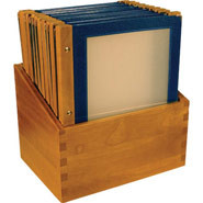Wooden Spine Menu Holders, A4. Colour: Blue. 20 menu holders with stand box.