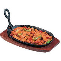 Cast Iron Sizzler and Wooden Stand, 9.5 x 5.5"