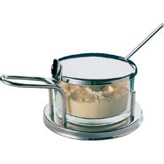 Parmesan Dish with Spoon, Stainless steel frame and lid with glass bowl.