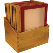 Wooden Spine Menu Holders, A4. Colour: Wine red. 20 menu holders with stand box.