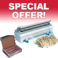 Dispenser & Cling Film Refill Special Offer, Dispenser: 18" wide. Cling film rolls: 300 metres (1