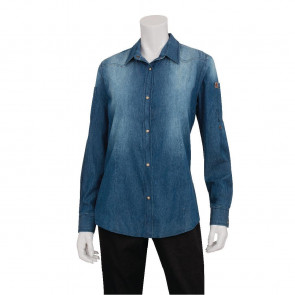 Chef Works Urban Womens Trenton Long Sleeve Denim Shirt Indigo Blue L